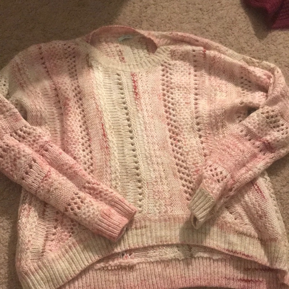 UO red and white and tan knit high low sweater